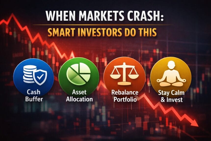 Smart investing strategy during a stock markets crash showing cash buffer, asset allocation, portfolio rebalancing, and staying calm amid falling stock charts