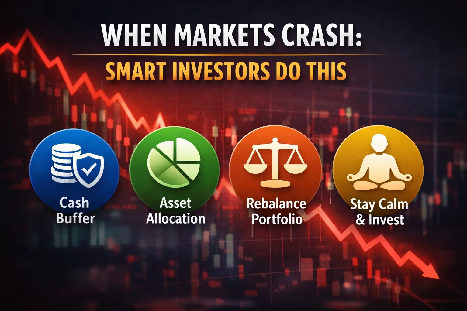 Smart investing strategy during a stock markets crash showing cash buffer, asset allocation, portfolio rebalancing, and staying calm amid falling stock charts