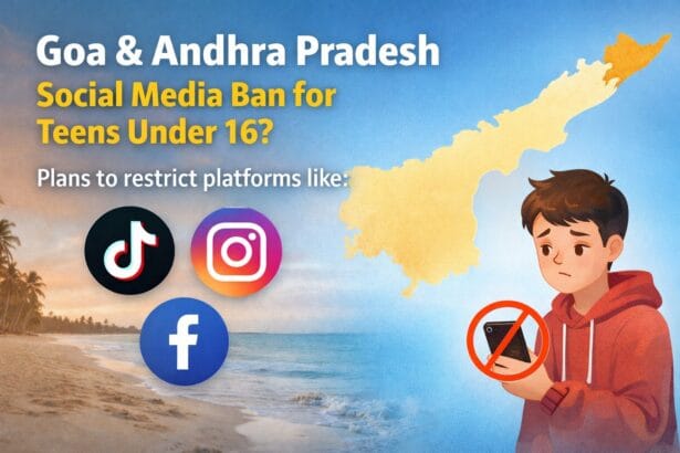 Illustration showing Goa and Andhra Pradesh considering a social media ban for teens under 16, with state maps, social media icons, and a teenager holding a phone with a restriction symbol.