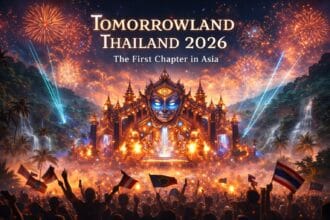 Tomorrowland Thailand 2026 fantasy mainstage visual showing a grand mystical stage set in a tropical Thai jungle with palm trees, waterfalls, fireworks, laser lights, and a global crowd waving flags.