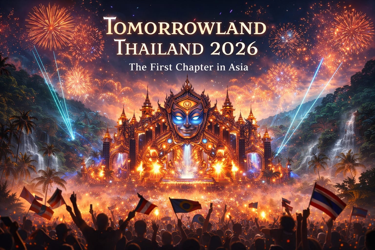 Tomorrowland Thailand 2026 fantasy mainstage visual showing a grand mystical stage set in a tropical Thai jungle with palm trees, waterfalls, fireworks, laser lights, and a global crowd waving flags.