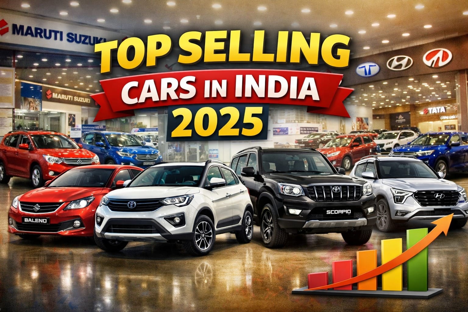 Top 10 Best-selling Cars in India in 2025 featuring Maruti Suzuki Baleno, Fronx, Brezza, Tata Nexon, Mahindra Scorpio, and other high-volume models dominating the Indian car market.