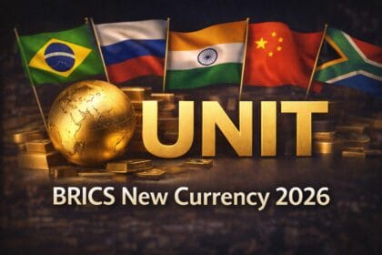 Illustration showing the BRICS Unit currency concept with gold bars, a golden globe, and the flags of Brazil, Russia, India, China, and South Africa, representing de-dollarisation and the proposed BRICS currency.