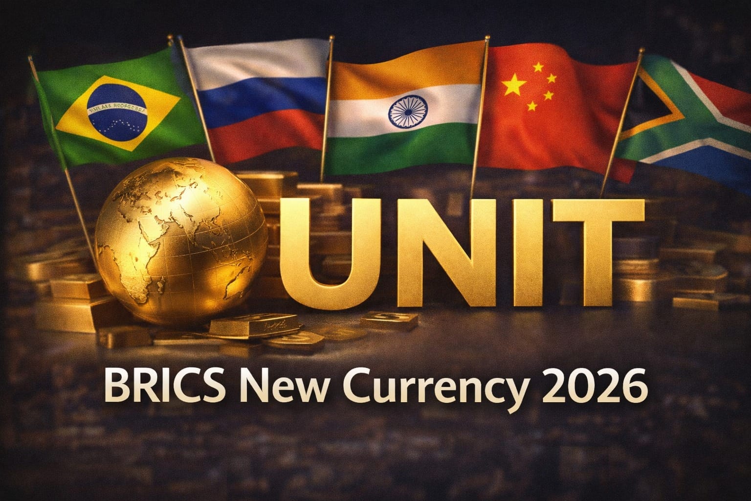 Illustration showing the BRICS Unit currency concept with gold bars, a golden globe, and the flags of Brazil, Russia, India, China, and South Africa, representing de-dollarisation and the proposed BRICS currency.