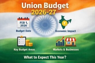Minimal infographic showing Union Budget 2026–27 with Indian tricolour background, icons for budget date, economic impact, key sectors, and markets.
