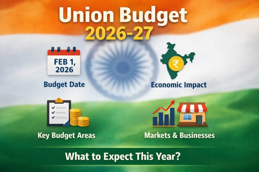 Minimal infographic showing Union Budget 2026–27 with Indian tricolour background, icons for budget date, economic impact, key sectors, and markets.