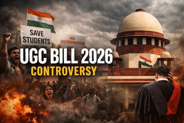 Students protesting against the UGC Bill 2026 while the Supreme Court of India stands in the background, symbolizing the legal and social controversy surrounding higher education reforms.