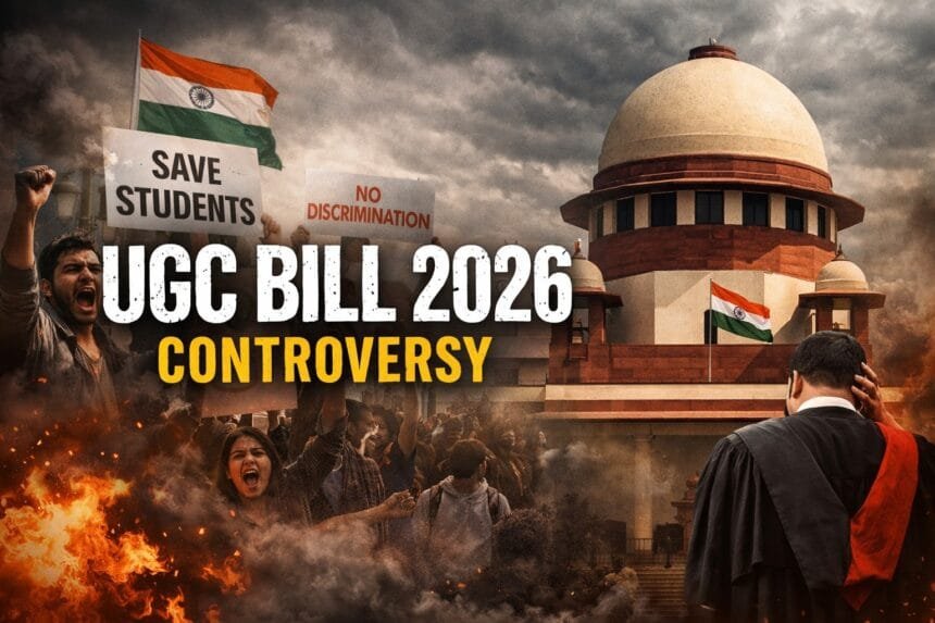 Students protesting against the UGC Bill 2026 while the Supreme Court of India stands in the background, symbolizing the legal and social controversy surrounding higher education reforms.