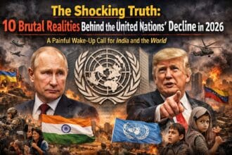 A dramatic visual showing the United Nations emblem cracked amid global conflict, with Vladimir Putin and Donald Trump in the foreground, symbolising the decline of UN authority, global power politics, and the impact on India and developing nations in 2026.