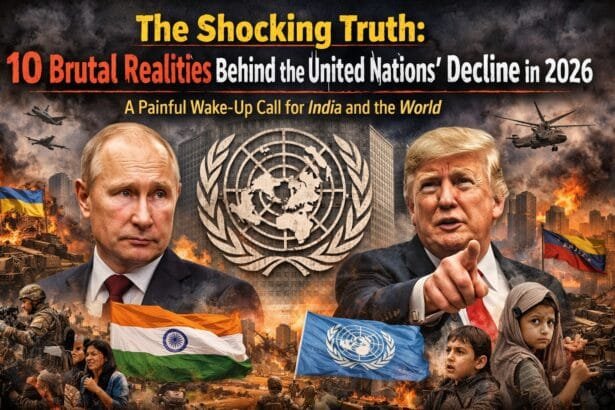 A dramatic visual showing the United Nations emblem cracked amid global conflict, with Vladimir Putin and Donald Trump in the foreground, symbolising the decline of UN authority, global power politics, and the impact on India and developing nations in 2026.