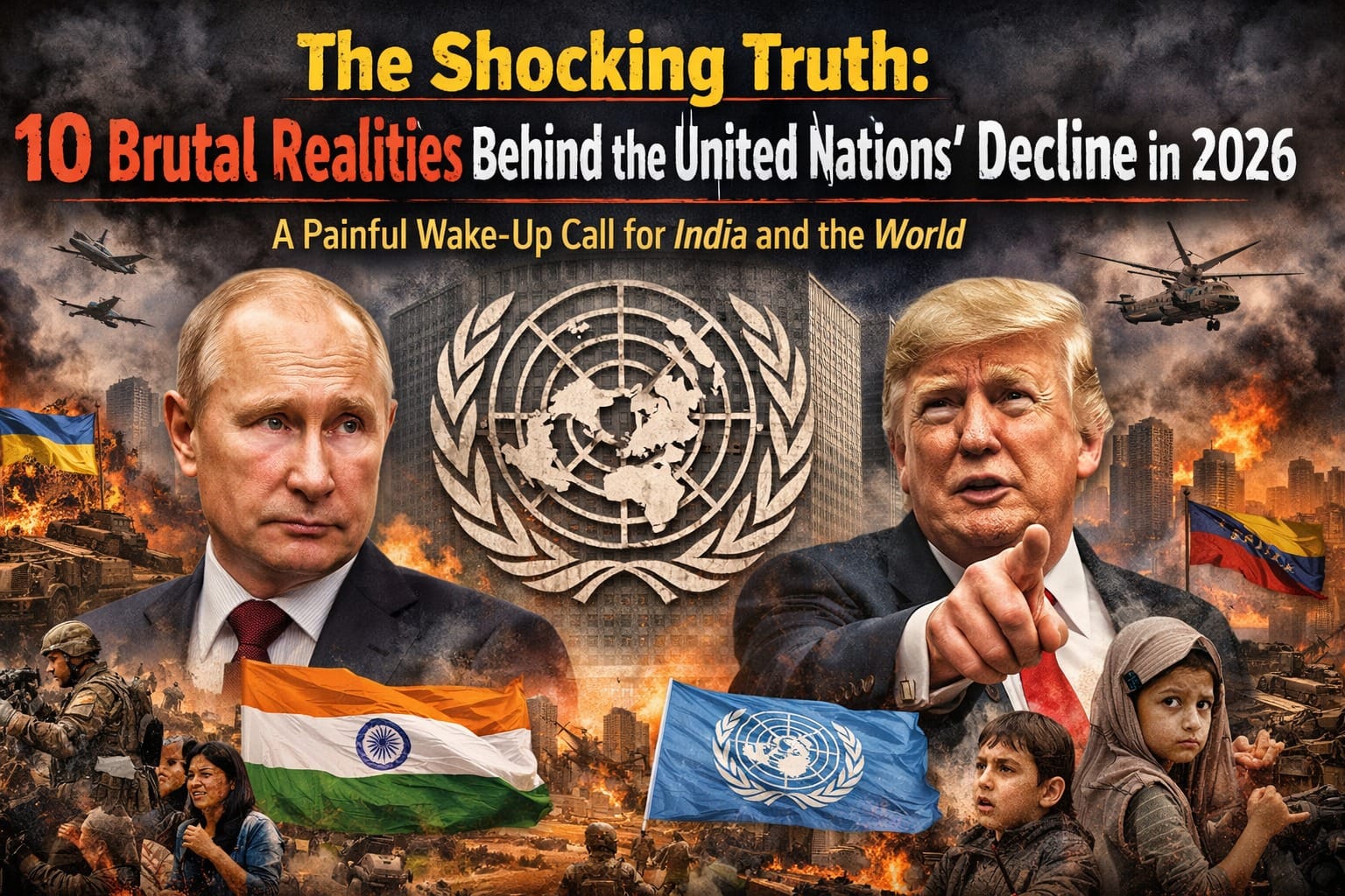 A dramatic visual showing the United Nations emblem cracked amid global conflict, with Vladimir Putin and Donald Trump in the foreground, symbolising the decline of UN authority, global power politics, and the impact on India and developing nations in 2026.
