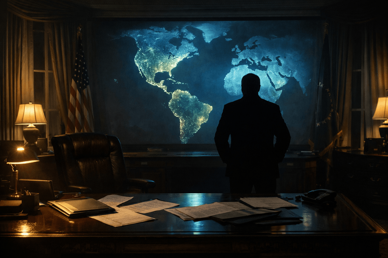 Symbolic illustration showing a leader’s silhouette in a dimly lit Oval Office–style room facing a glowing map of the Americas, representing the USA–Venezuela crisis and high-stakes geopolitical decision-making.