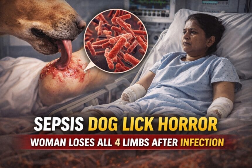 Illustrative medical graphic showing a hospitalized woman recovering from severe sepsis dog lick alongside a symbolic depiction of dog saliva bacteria entering a skin wound, highlighting infection risks associated with pet contact.
