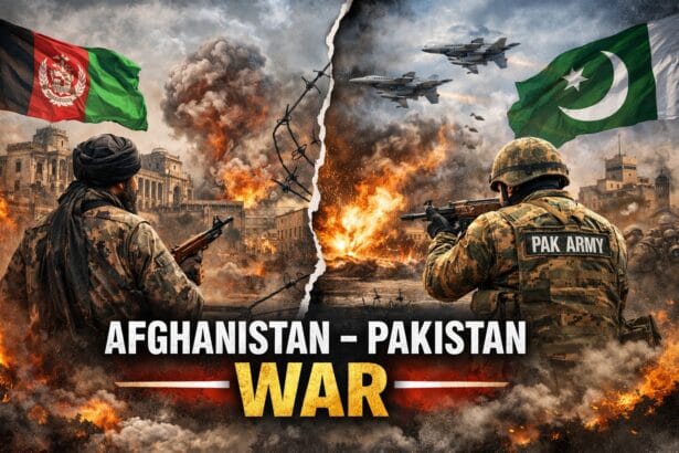 Afghanistan-Pakistan war 2026 illustration showing cross-border airstrikes, explosions in Kabul, Pakistani fighter jets, and soldiers symbolizing escalating military conflict along the Durand Line.