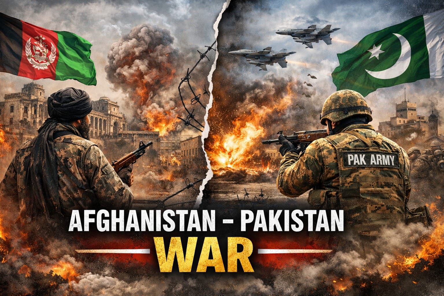 Afghanistan-Pakistan war 2026 illustration showing cross-border airstrikes, explosions in Kabul, Pakistani fighter jets, and soldiers symbolizing escalating military conflict along the Durand Line.