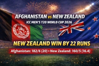 Afghanistan vs New Zealand T20 World Cup 2026 match graphic showing Afghanistan and New Zealand flags with New Zealand winning by 22 runs and final scores displayed.