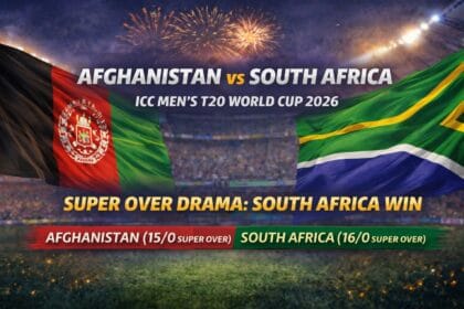 Afghanistan vs South Africa T20 World Cup 2026 match graphic showing both national flags with Super Over result where South Africa won 16-15 after a 187-187 tie.