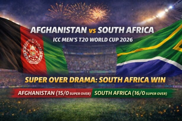 Afghanistan vs South Africa T20 World Cup 2026 match graphic showing both national flags with Super Over result where South Africa won 16-15 after a 187-187 tie.