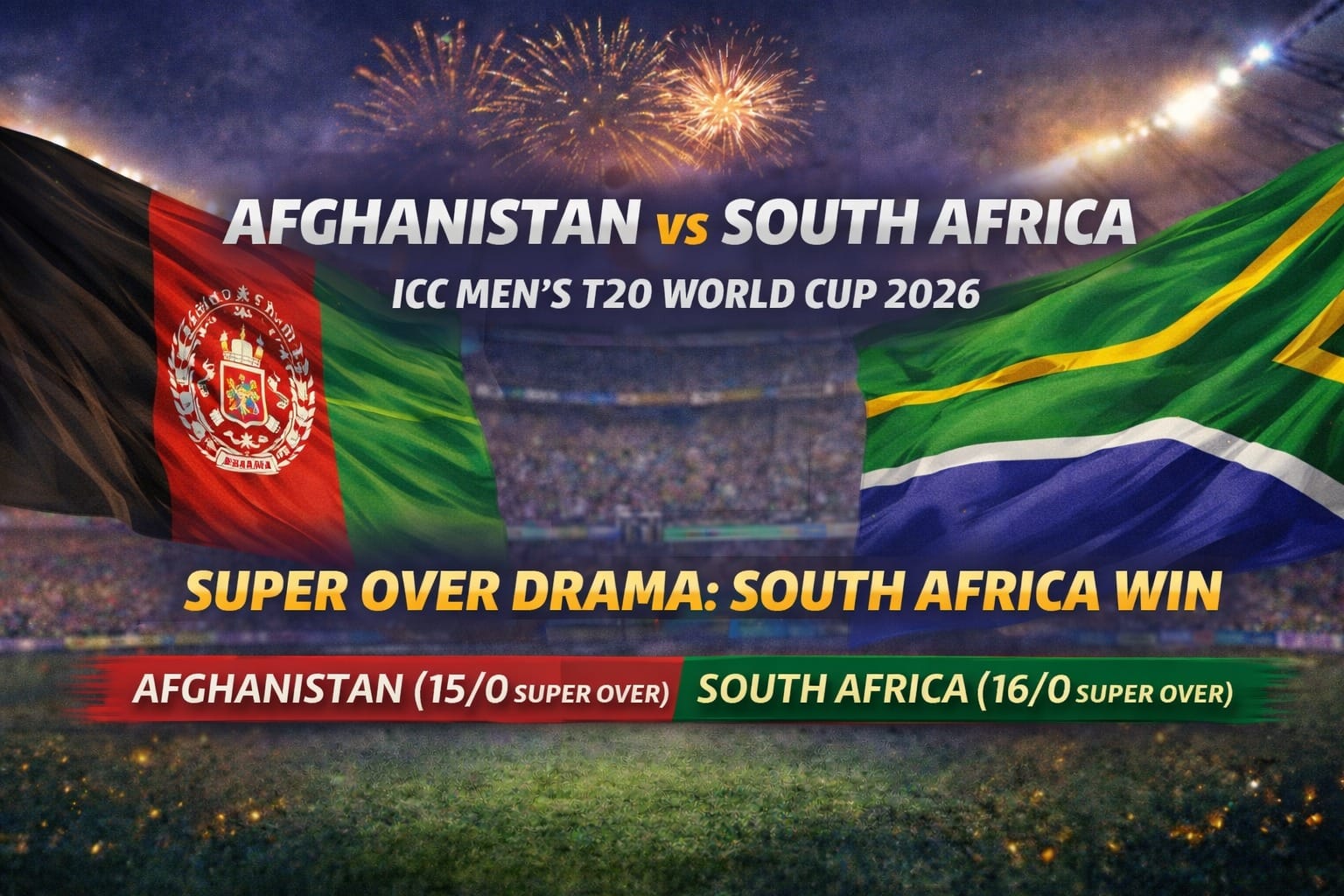 Afghanistan vs South Africa T20 World Cup 2026 match graphic showing both national flags with Super Over result where South Africa won 16-15 after a 187-187 tie.