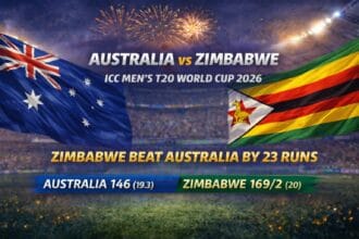 Australia vs Zimbabwe T20 World Cup 2026 match graphic showing Australian and Zimbabwe flags with Zimbabwe winning by 23 runs and final scores displayed at R Premadasa Stadium.