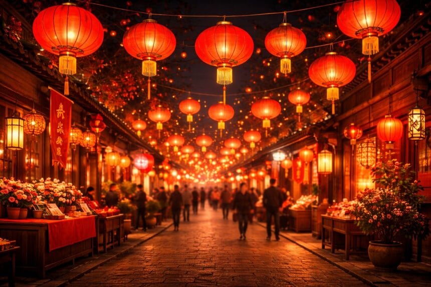 Traditional Chinese street illuminated with red lanterns at night during Chinese New Year, symbolising renewal, prosperity, and the Year of the Horse in the Lunar calendar.