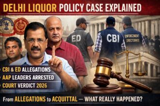 Composite news graphic showing Arvind Kejriwal and Manish Sisodia with CBI and ED officers, gavel and scales of justice, representing the Delhi Liquor Policy case and 2026 court discharge.