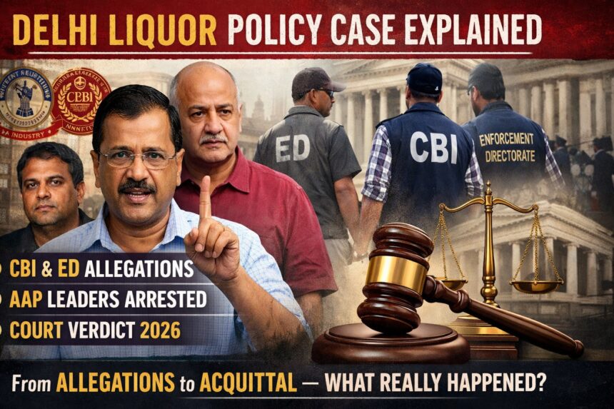 Composite news graphic showing Arvind Kejriwal and Manish Sisodia with CBI and ED officers, gavel and scales of justice, representing the Delhi Liquor Policy case and 2026 court discharge.