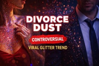 Symbolic image showing glitter-covered woman and man in formal wear representing the viral Divorce Dust trend, highlighting relationship trust issues and modern dating controversies.