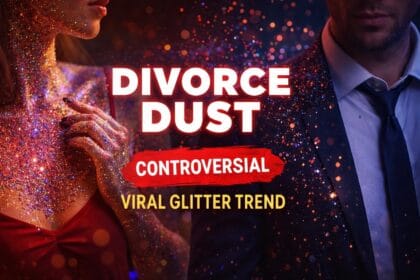 Symbolic image showing glitter-covered woman and man in formal wear representing the viral Divorce Dust trend, highlighting relationship trust issues and modern dating controversies.