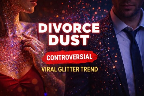 Symbolic image showing glitter-covered woman and man in formal wear representing the viral Divorce Dust trend, highlighting relationship trust issues and modern dating controversies.