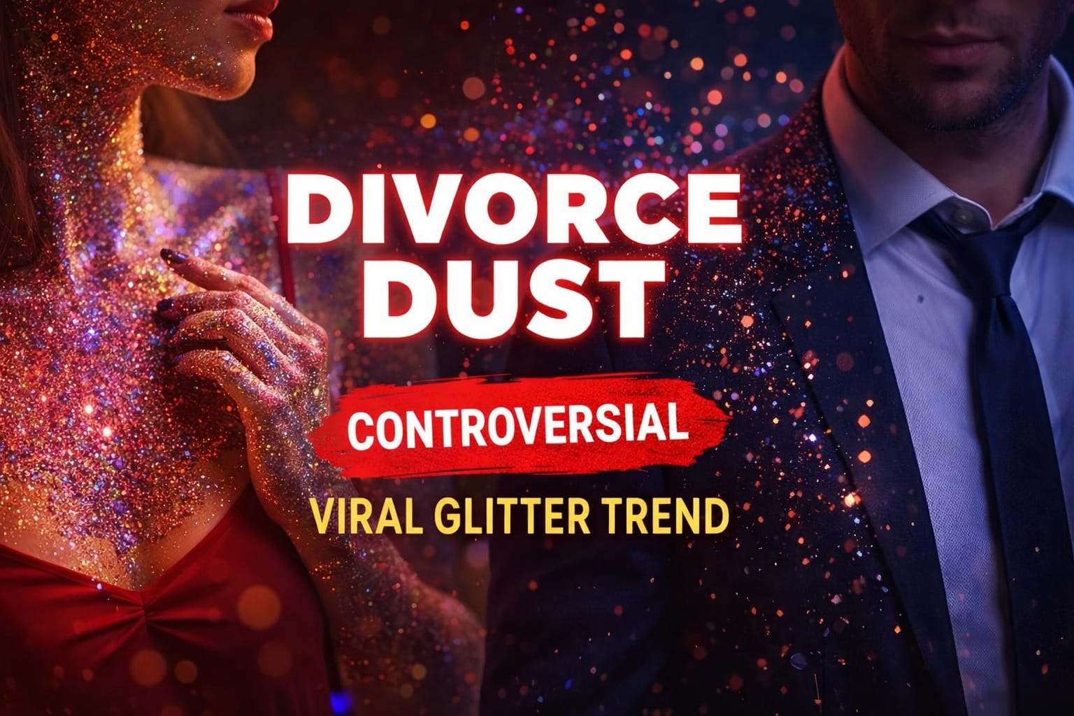 Symbolic image showing glitter-covered woman and man in formal wear representing the viral Divorce Dust trend, highlighting relationship trust issues and modern dating controversies.