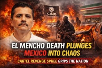 Illustration depicting chaos in Mexico after El Mencho’s death, with burning vehicles, armed cartel presence, and urban unrest symbolizing cartel retaliation and nationwide security crisis.