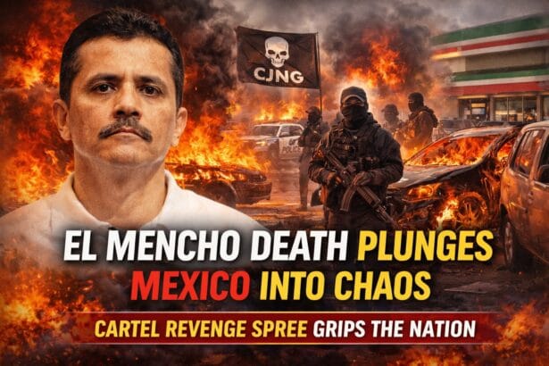 Illustration depicting chaos in Mexico after El Mencho’s death, with burning vehicles, armed cartel presence, and urban unrest symbolizing cartel retaliation and nationwide security crisis.