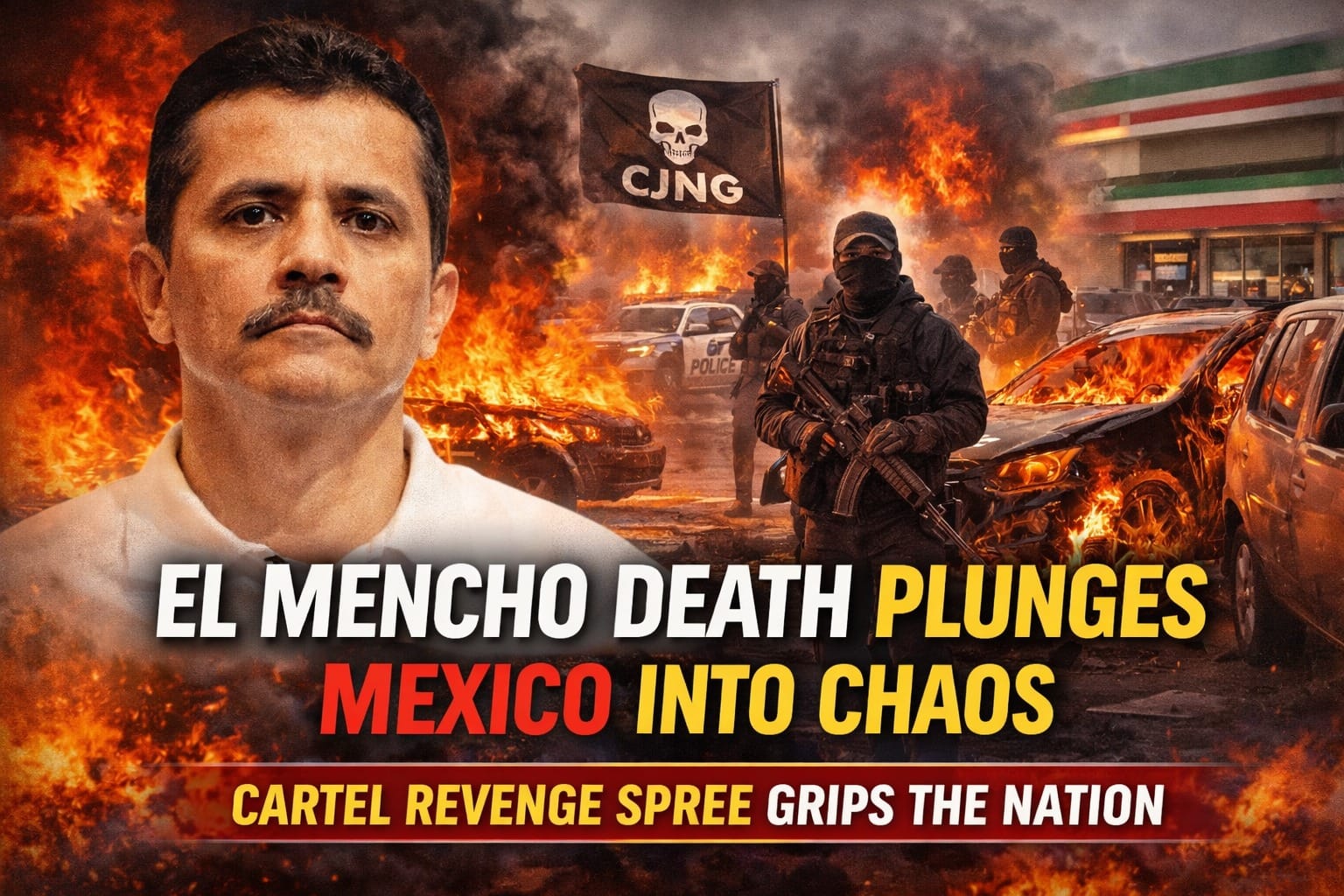 Illustration depicting chaos in Mexico after El Mencho’s death, with burning vehicles, armed cartel presence, and urban unrest symbolizing cartel retaliation and nationwide security crisis.