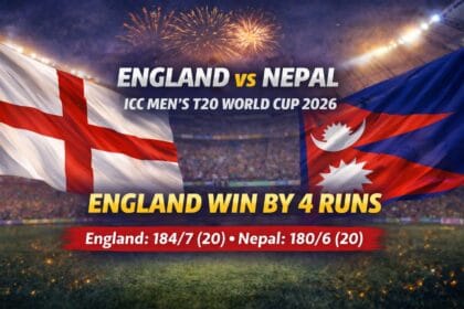 England vs Nepal T20 World Cup 2026 match graphic featuring England and Nepal flags, showing England winning by 4 runs with final scores displayed.