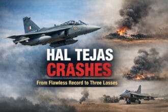 HAL Tejas fighter jet in flight with symbolic crash visuals highlighting recent Tejas Fighter Jet Crashes after decades of a flawless safety record.