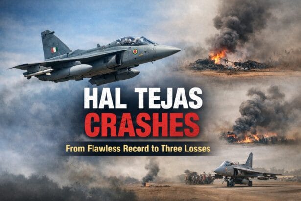 HAL Tejas fighter jet in flight with symbolic crash visuals highlighting recent Tejas Fighter Jet Crashes after decades of a flawless safety record.
