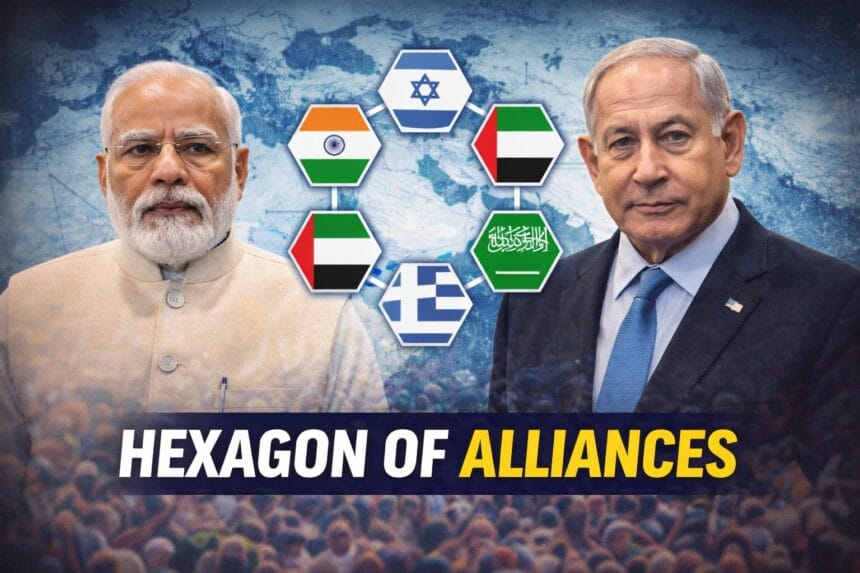 News-style illustration showing Narendra Modi and Benjamin Netanyahu with a hexagonal geopolitical alliance map in the background, representing the proposed Hexagon of Alliances and emerging strategic partnerships.