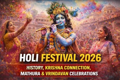 Holi Festival celebration in Mathura and Vrindavan featuring devotees joyfully throwing colorful gulal around a depiction of Lord Krishna, symbolizing the spiritual and cultural vibrancy of Holi Festival 2026.