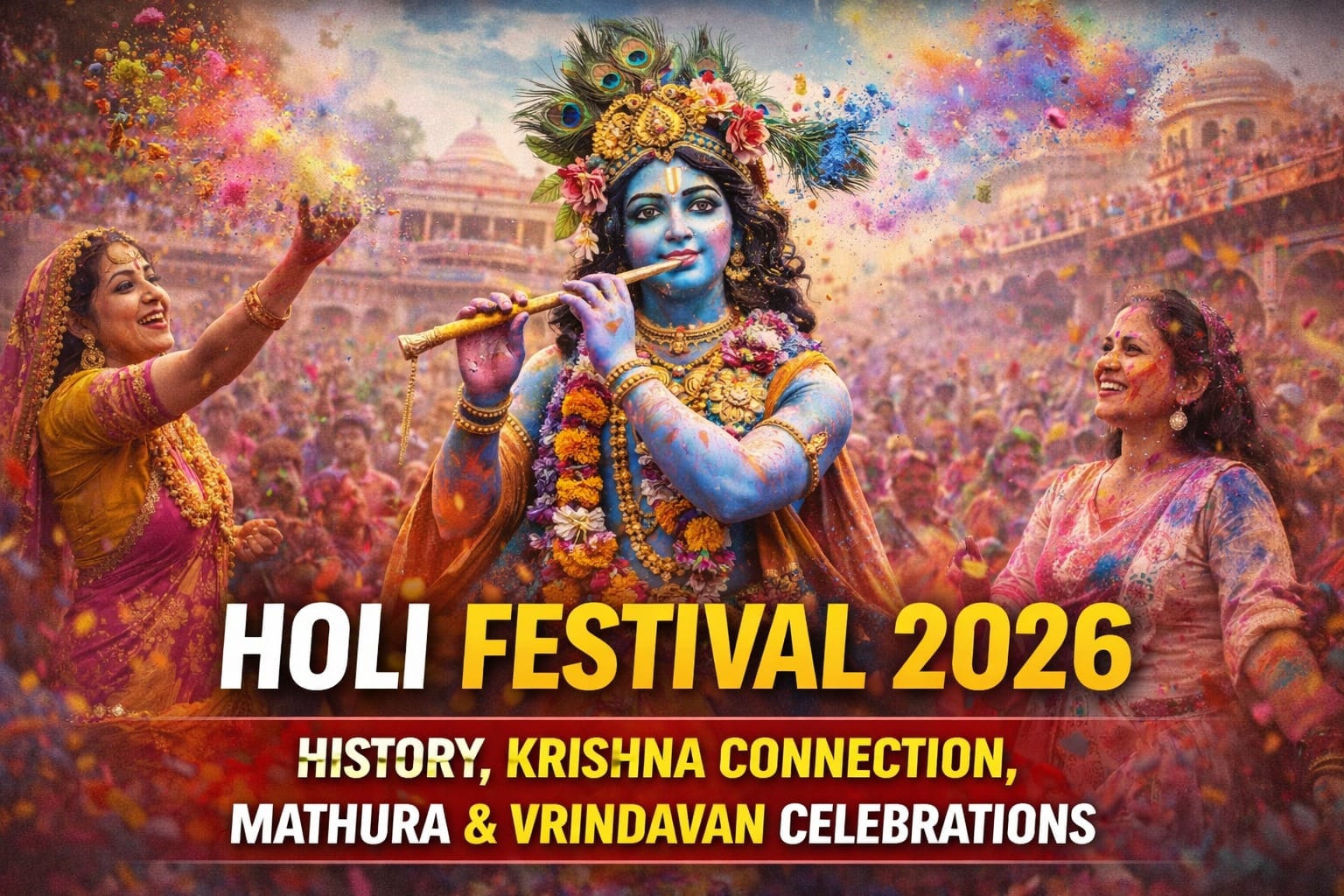 Holi Festival celebration in Mathura and Vrindavan featuring devotees joyfully throwing colorful gulal around a depiction of Lord Krishna, symbolizing the spiritual and cultural vibrancy of Holi Festival 2026.