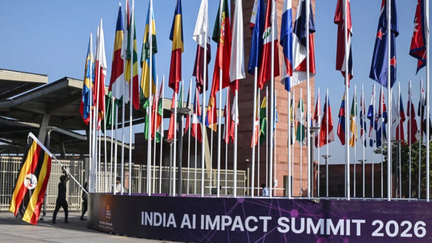 Wide view of the India AI Impact Summit at Bharat Mandapam in New Delhi, showcasing a global artificial intelligence conference with policymakers, tech leaders, and digital innovation displays.