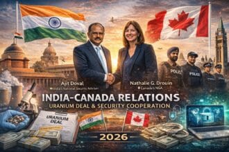 India-Canada relations, diplomatic engagement illustration showing flags of both countries, national security dialogue visuals, nuclear energy symbolism, and officials meeting in a formal setting.