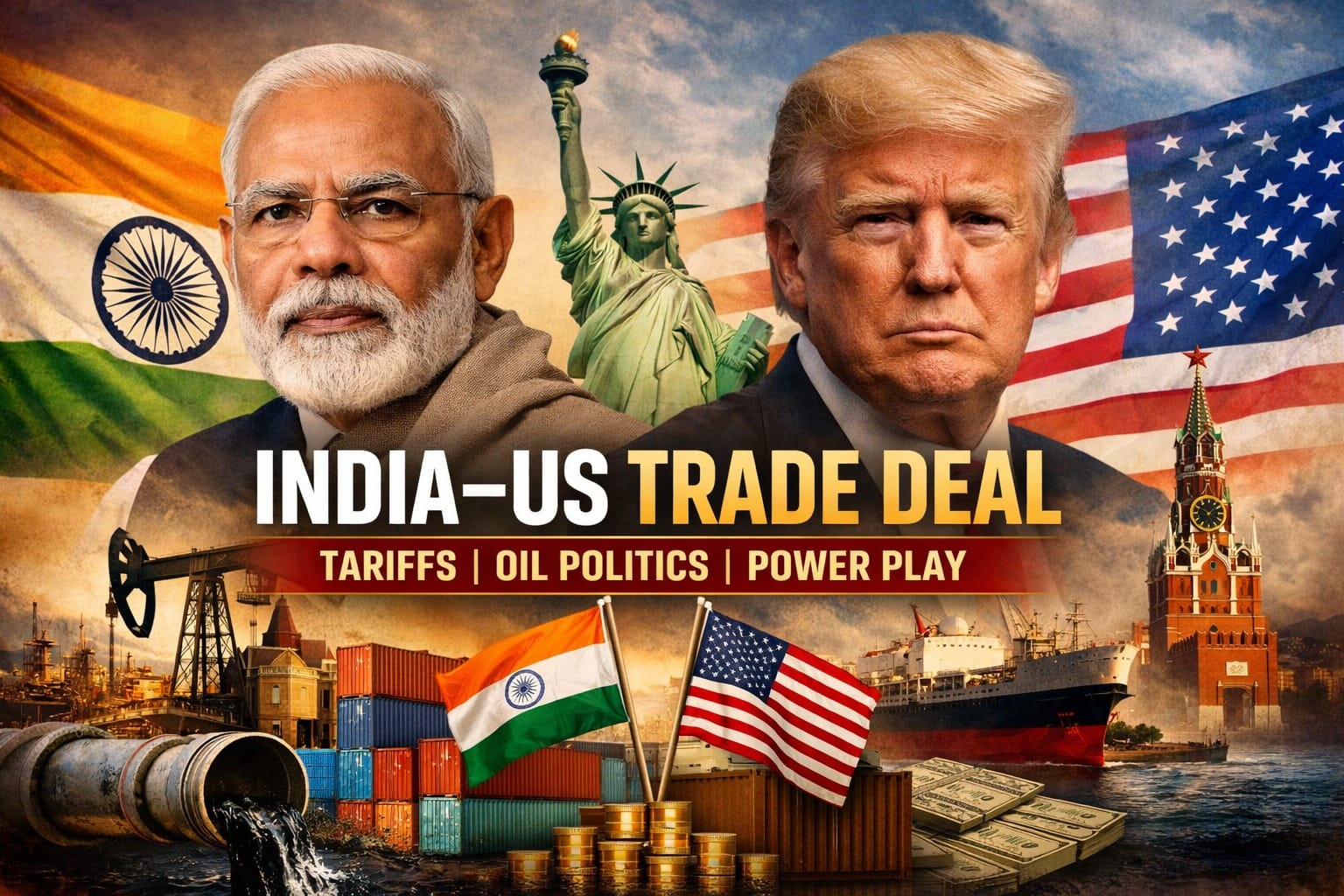 India-US trade deal illustration showing PM Narendra Modi and Donald Trump with Indian and US flags, oil infrastructure, cargo ships, and global trade symbolism representing tariffs and geopolitics.