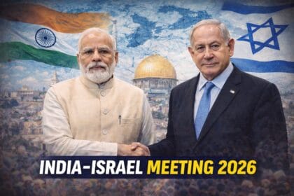 India Israel Meeting 2026 illustration showing Narendra Modi and Benjamin Netanyahu shaking hands with national flags and regional skyline backdrop, symbolizing strategic partnership and diplomatic talks.