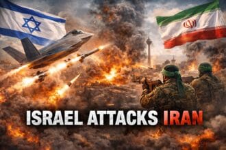 Israel attacks Iran 2026 illustration showing Israeli fighter jets launching missiles over Tehran skyline, explosions in the city, and Iranian soldiers preparing for retaliation amid escalating Middle East conflict.