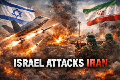 Israel attacks Iran 2026 illustration showing Israeli fighter jets launching missiles over Tehran skyline, explosions in the city, and Iranian soldiers preparing for retaliation amid escalating Middle East conflict.
