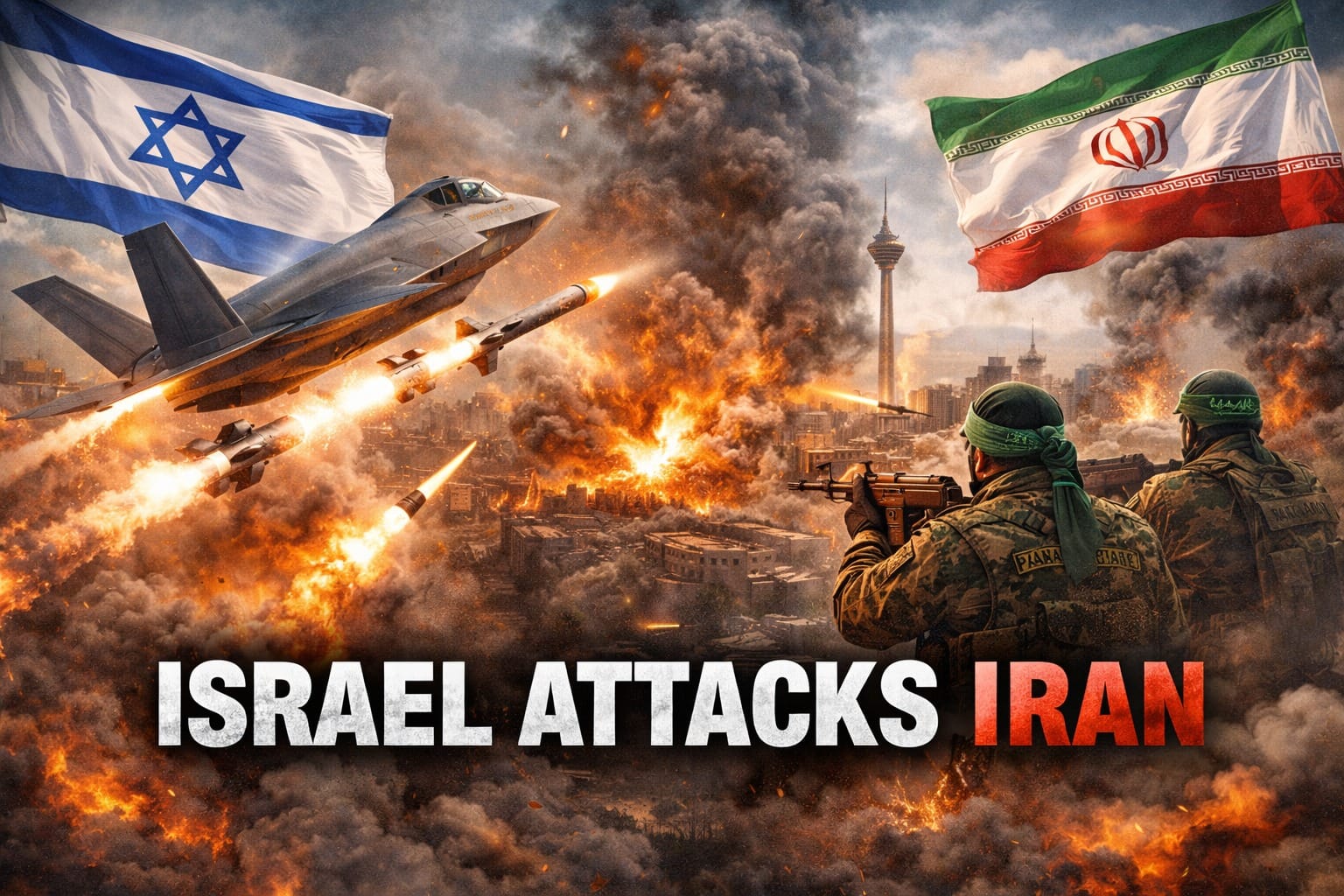 Israel attacks Iran 2026 illustration showing Israeli fighter jets launching missiles over Tehran skyline, explosions in the city, and Iranian soldiers preparing for retaliation amid escalating Middle East conflict.