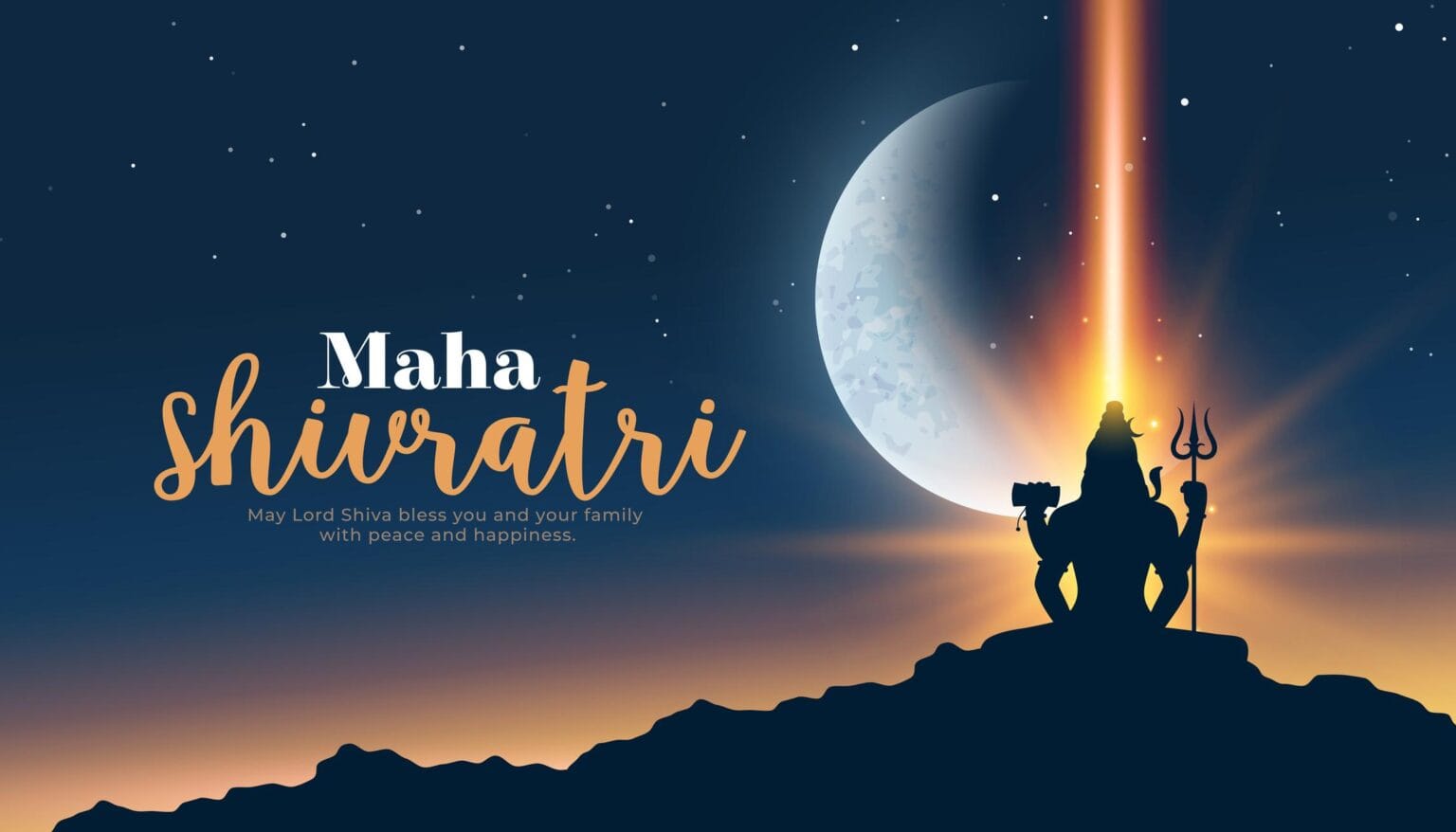 Wide night view symbolizing Mahashivratri with a Shiva silhouette and moonlit sky, representing spiritual stillness, meditation, and the sacred significance of the Great Night of Shiva.