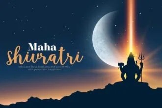 Wide night view symbolizing Mahashivratri with a Shiva silhouette and moonlit sky, representing spiritual stillness, meditation, and the sacred significance of the Great Night of Shiva.