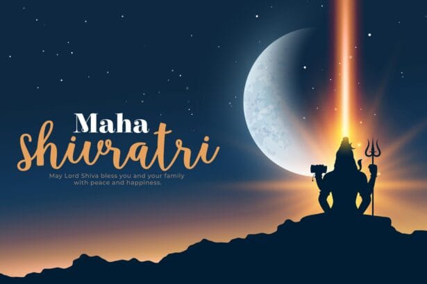 Wide night view symbolizing Mahashivratri with a Shiva silhouette and moonlit sky, representing spiritual stillness, meditation, and the sacred significance of the Great Night of Shiva.